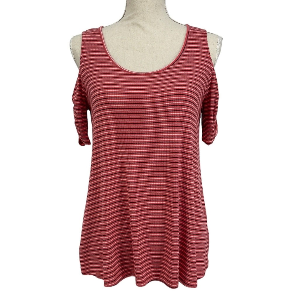 Naif Casual Shirt Womens Short Sleeve Striped Ribbed Knit Cold Shoulder Size M